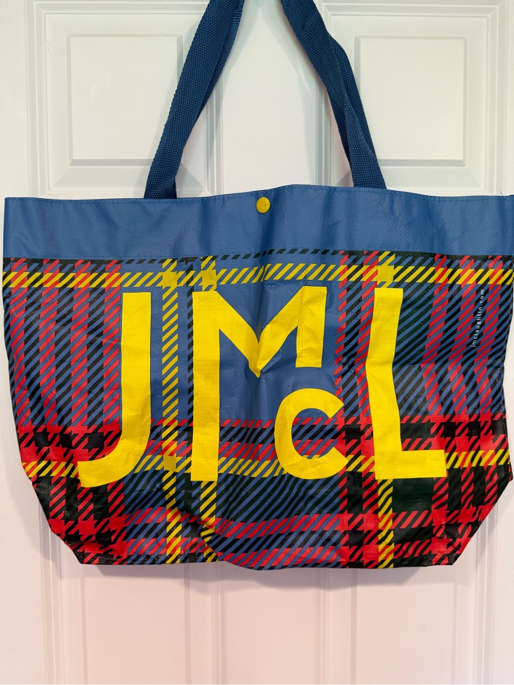 J. McLaughlin Blue Plaid Tote with Yellow Logo